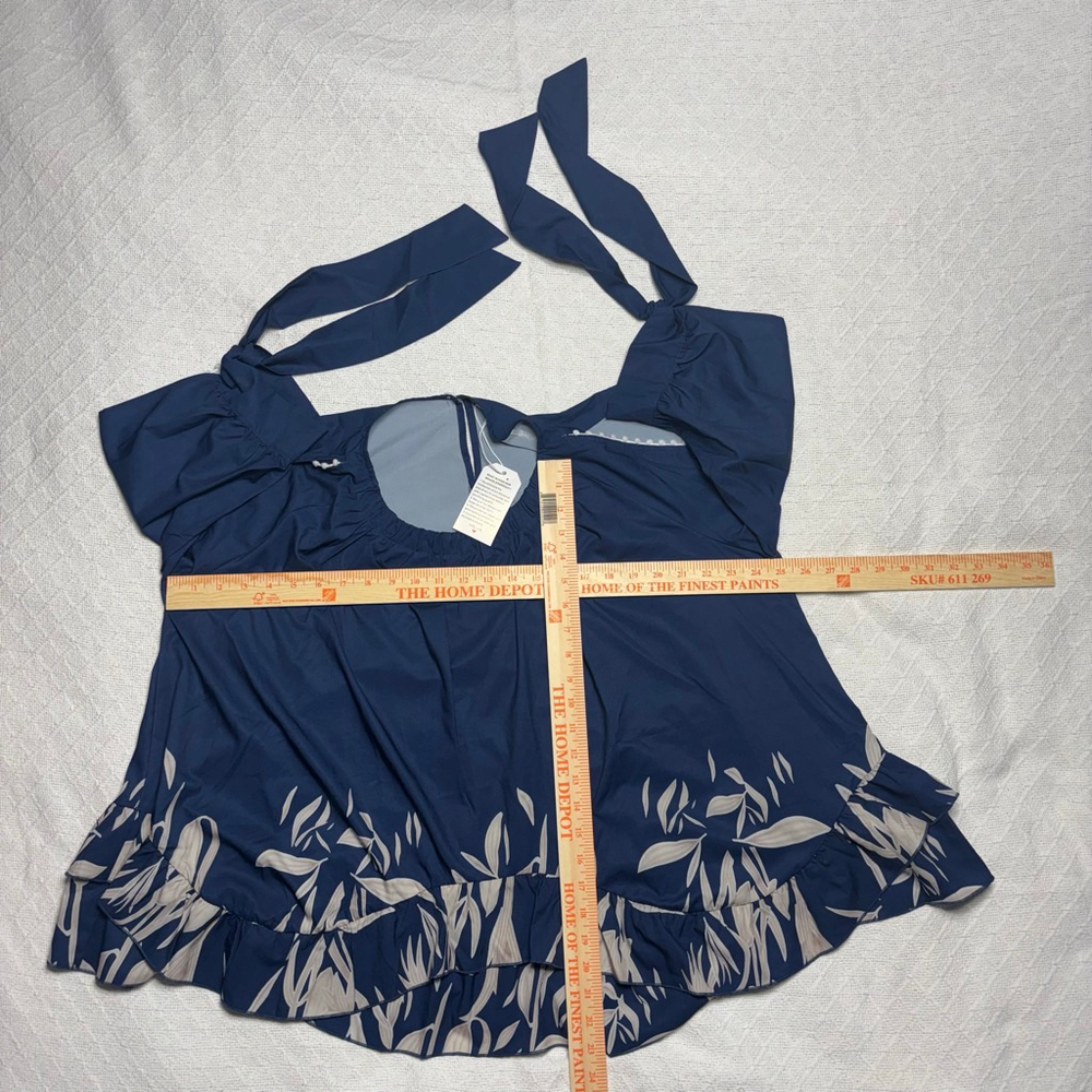 Navy Blue & Silver Boho Ruffle Cold Shoulder Floral Crewneck Top Size XL - Picture 5 of 7